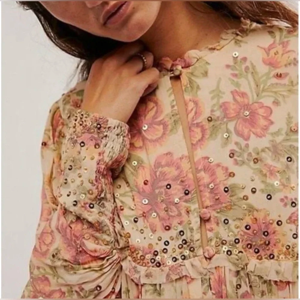 Free People  Hand Beaded Bali Golden Sun Printed Mini Dress SIZE SMALL NWT - Picture 8 of 16